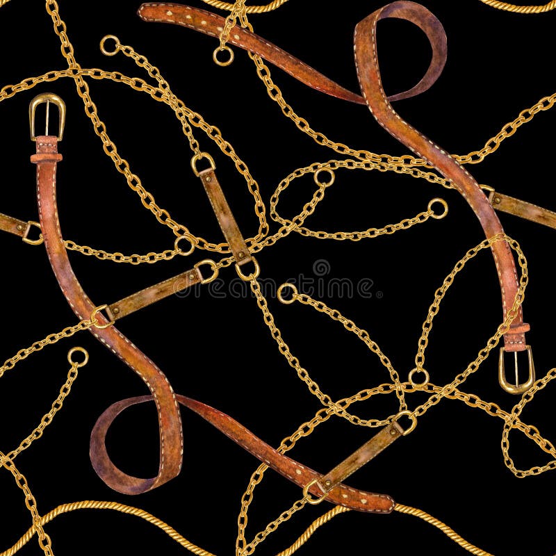 Golden chain, belt glamour seamless pattern. Watercolor hand drawn fashion texture with different golden chains and leather belts on black background. Print for textile, fabric, wallpaper, wrapping. Golden chain, belt glamour seamless pattern. Watercolor hand drawn fashion texture with different golden chains and leather belts on black background. Print for textile, fabric, wallpaper, wrapping